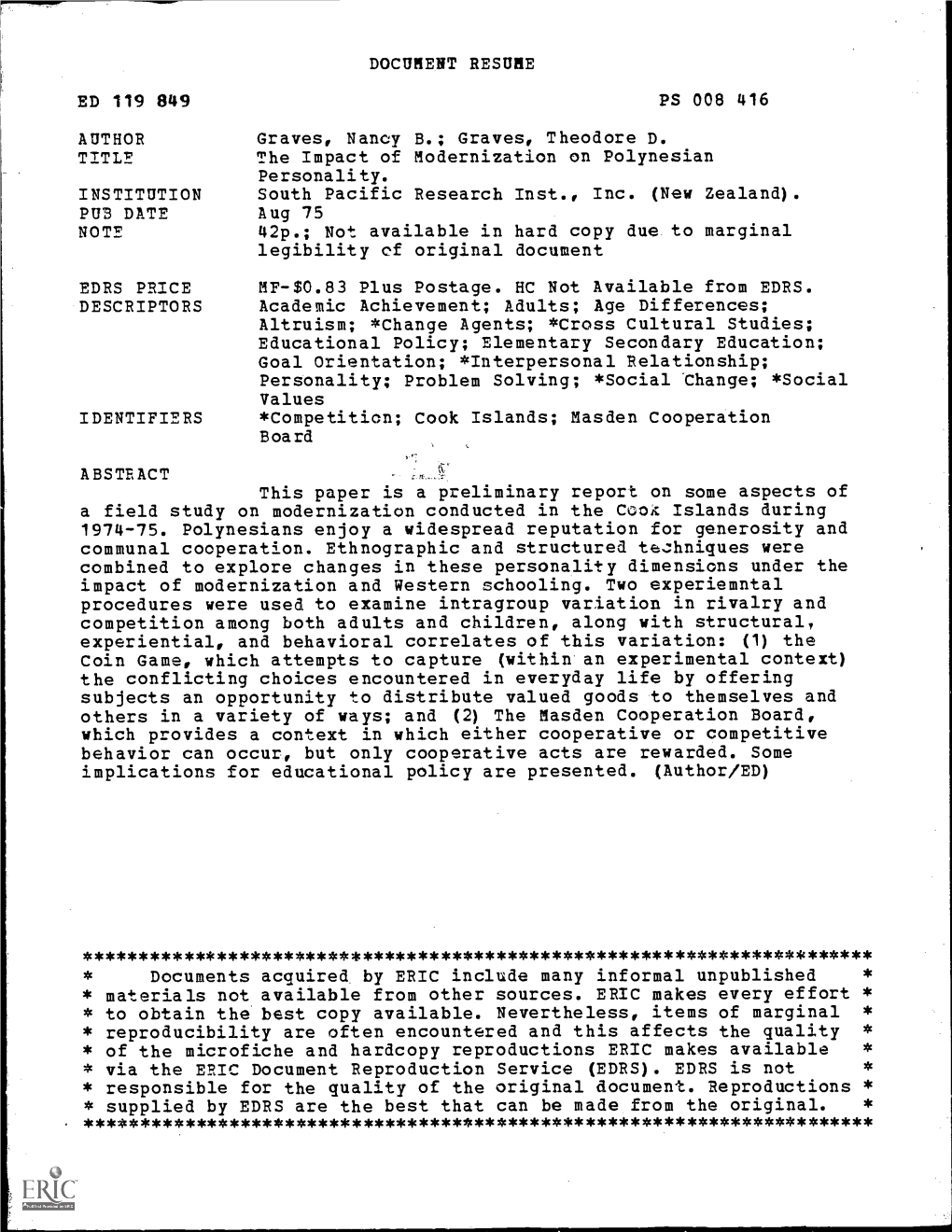 The Impact of Modernization on Polynesian Personality. INSTITUTION South Pacific Research Inst., Inc