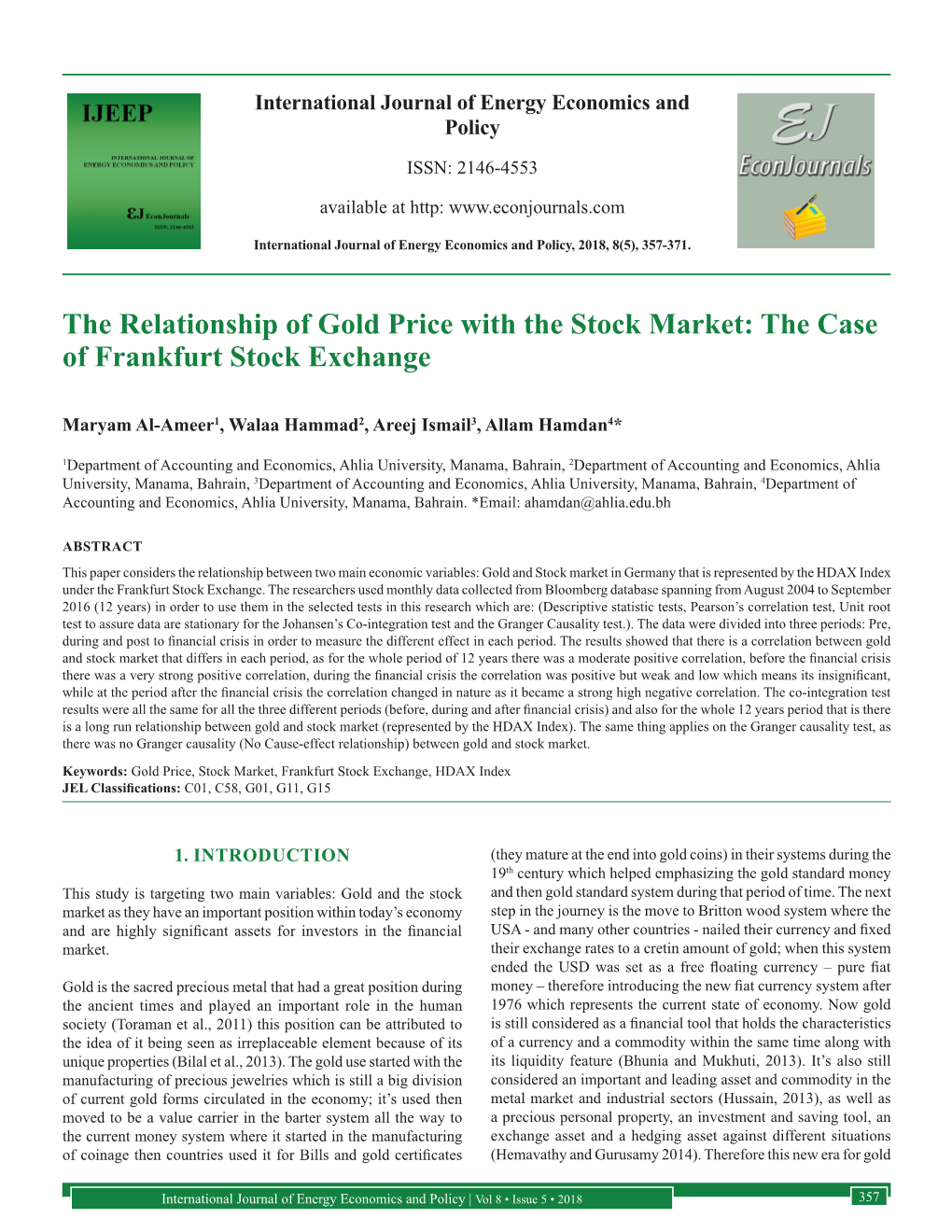 The Relationship of Gold Price with the Stock Market: the Case of Frankfurt Stock Exchange