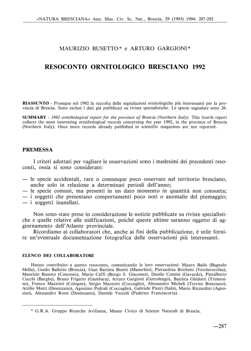 Resoconto Ornitologico Bresciano 1992