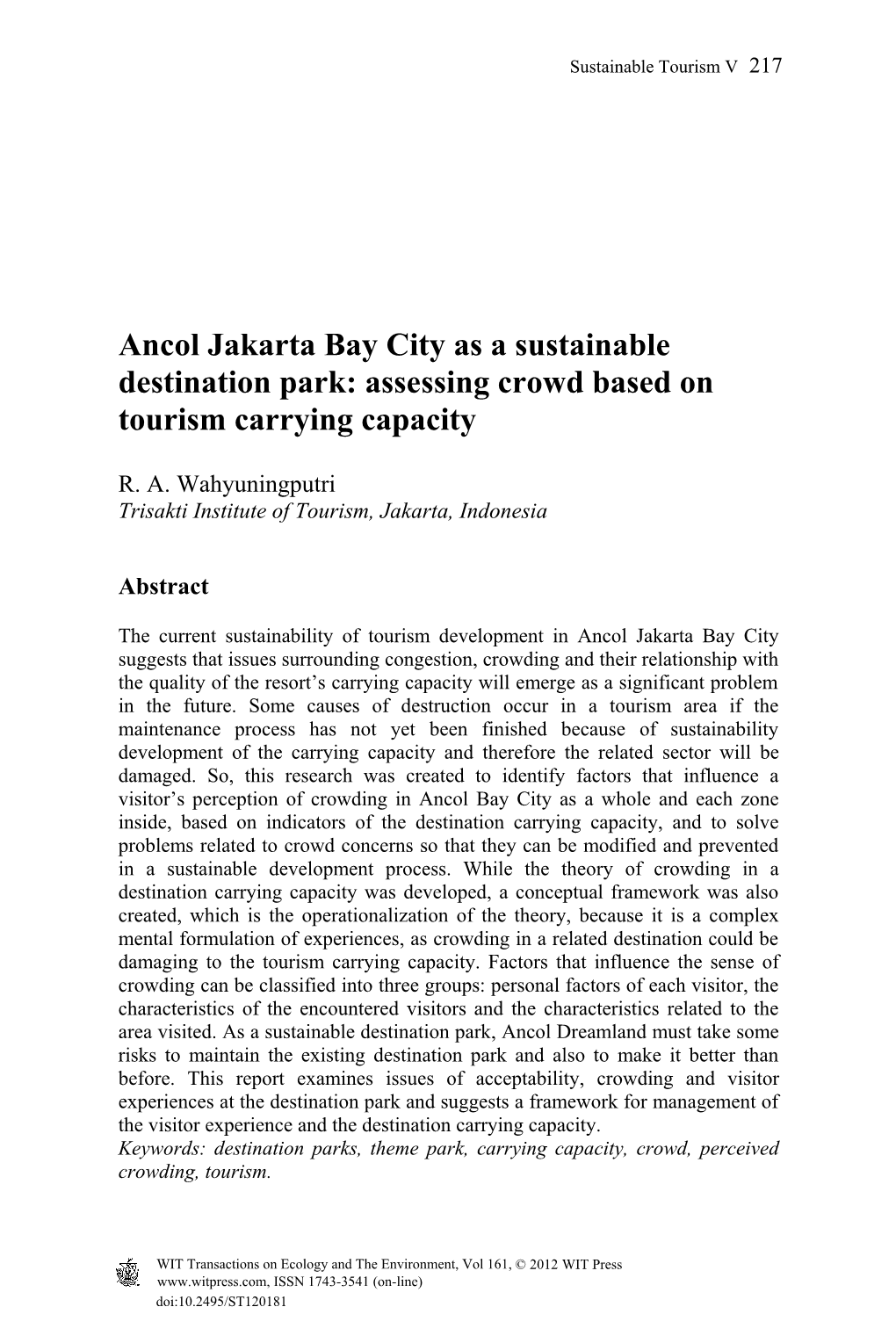 Ancol Jakarta Bay City As a Sustainable Destination Park: Assessing Crowd Based on Tourism Carrying Capacity