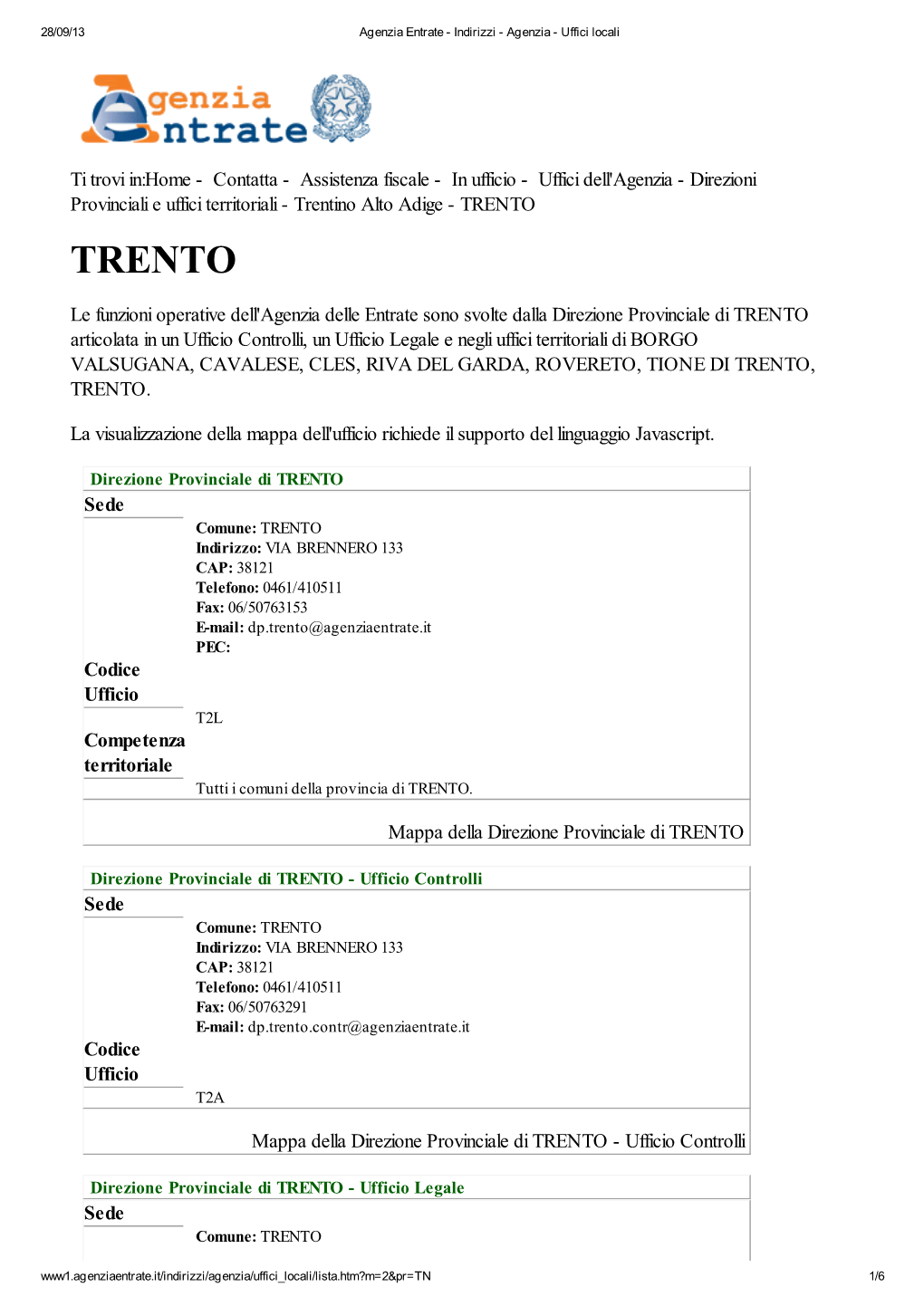 Codici Uffici Agenzia Delle Entrate Della Provincia Di Trento