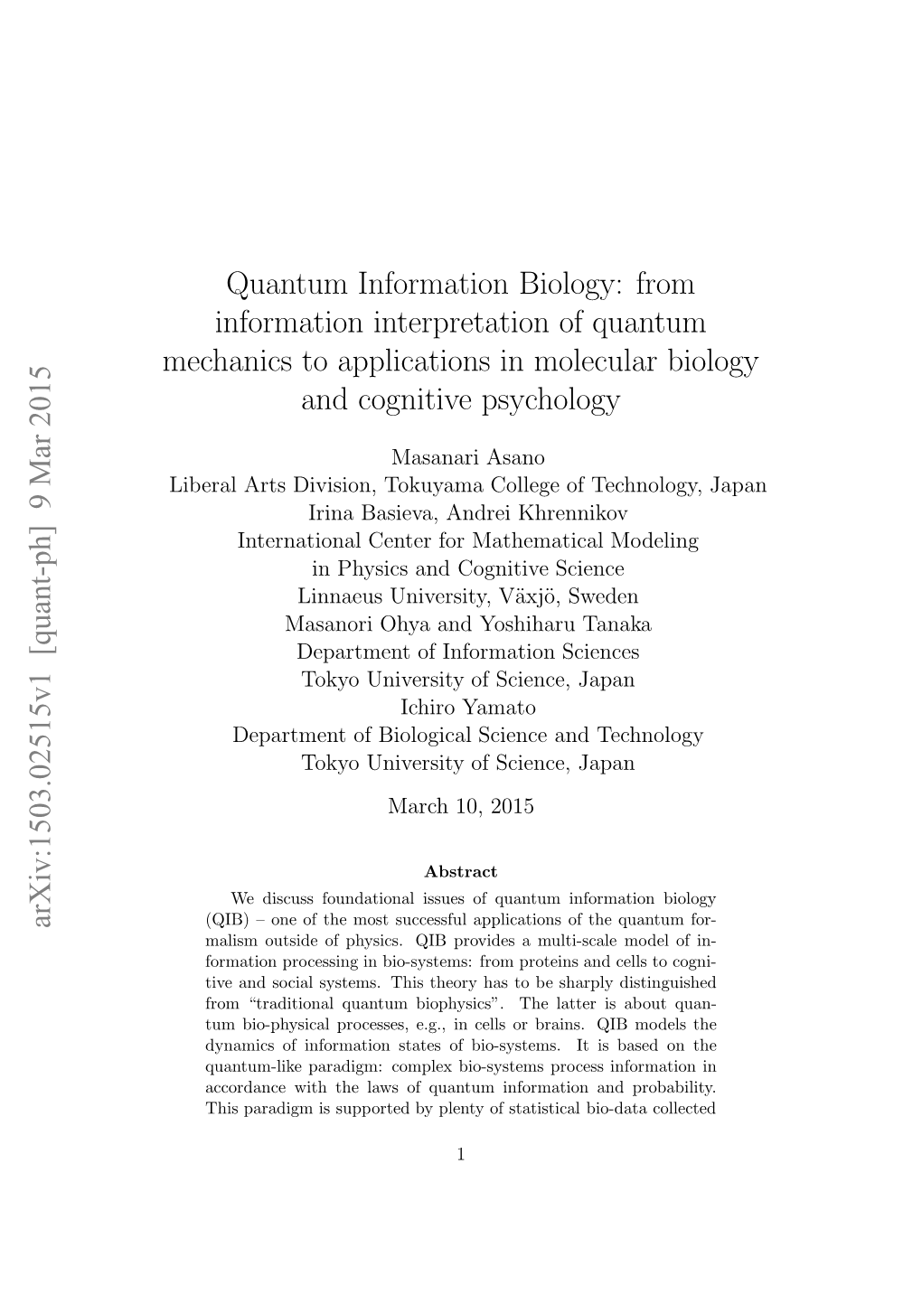 9 Mar 2015 Quantum Information Biology