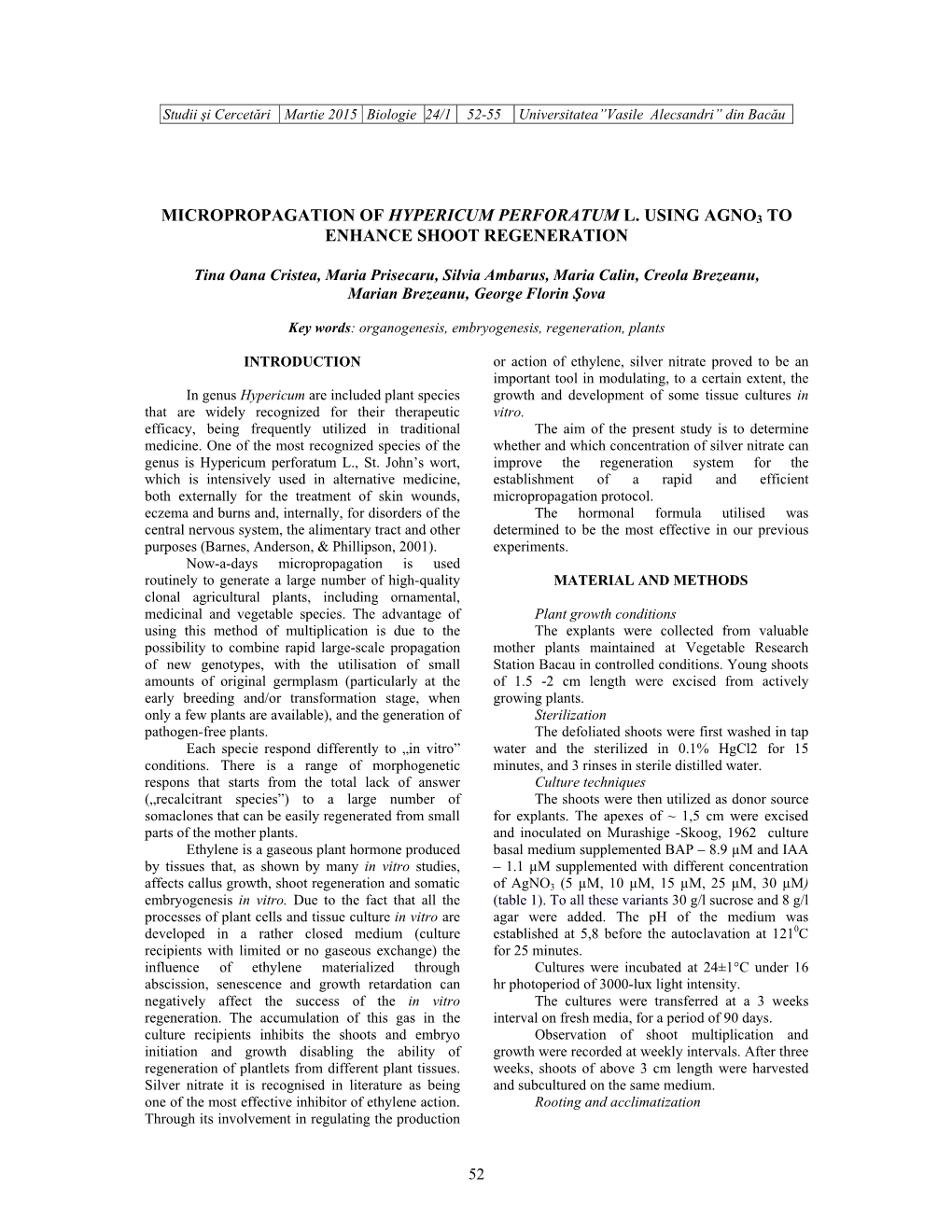 Micropropagation of Hypericum Perforatum L