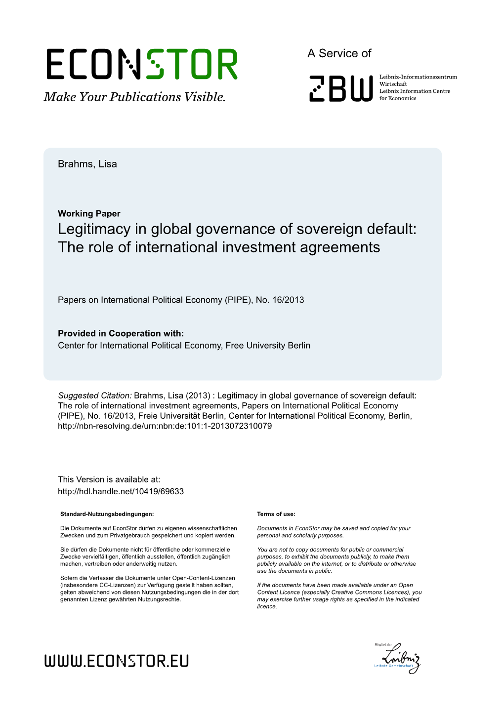 Legitimacy in Global Governance of Sovereign Default: the Role of International Investment Agreements
