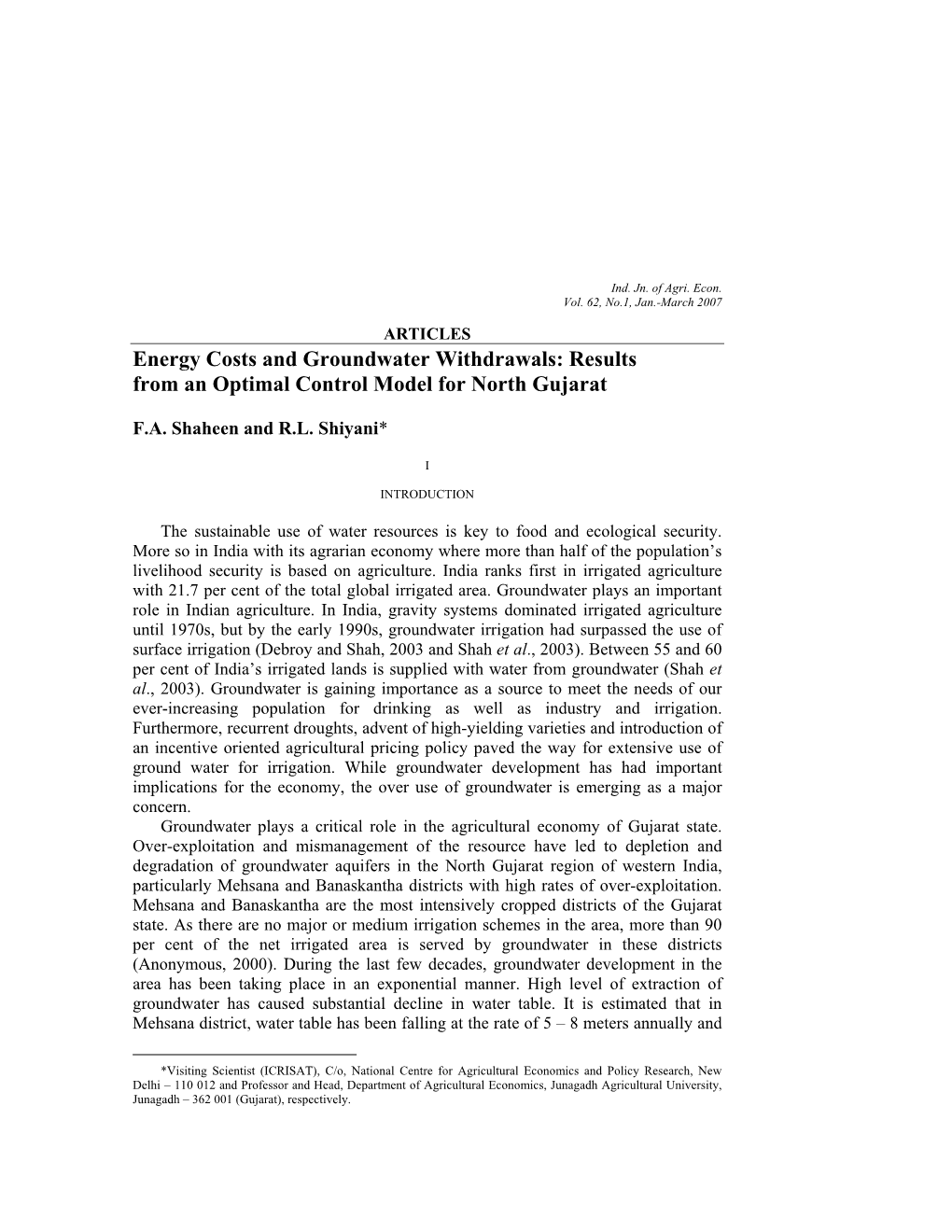 Results from an Optimal Control Model for North Gujarat