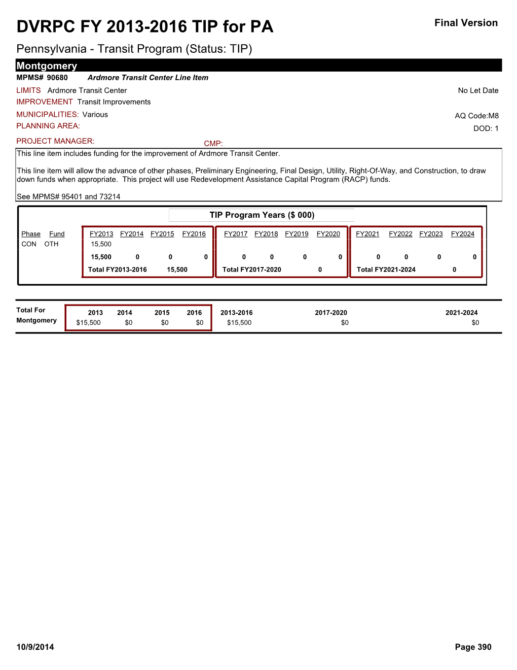 DVRPC FY 2013-2016 TIP for PA