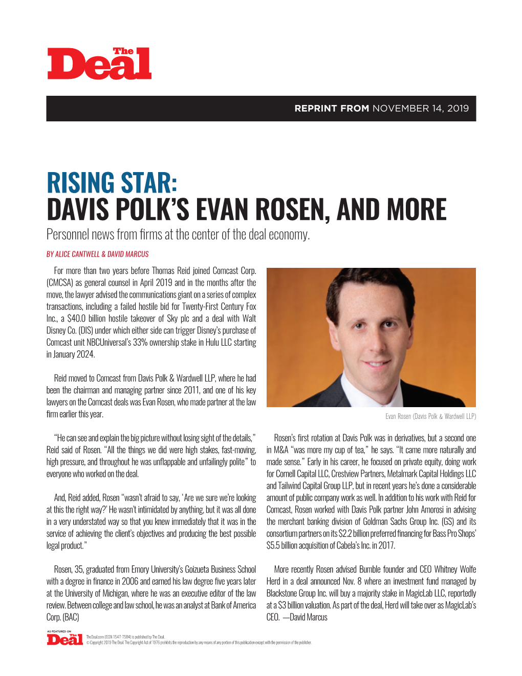 Davis Polk's Evan Rosen, and More