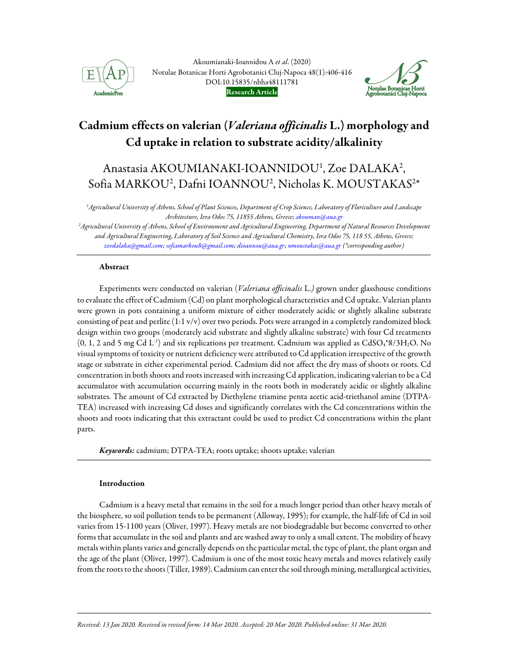 Cadmium Effects on Valerian (Valeriana Officinalis