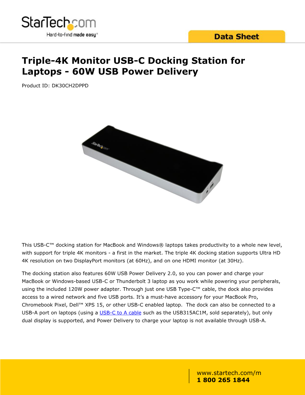 Triple-4K Monitor USB-C Docking Station for Laptops - 60W USB Power Delivery