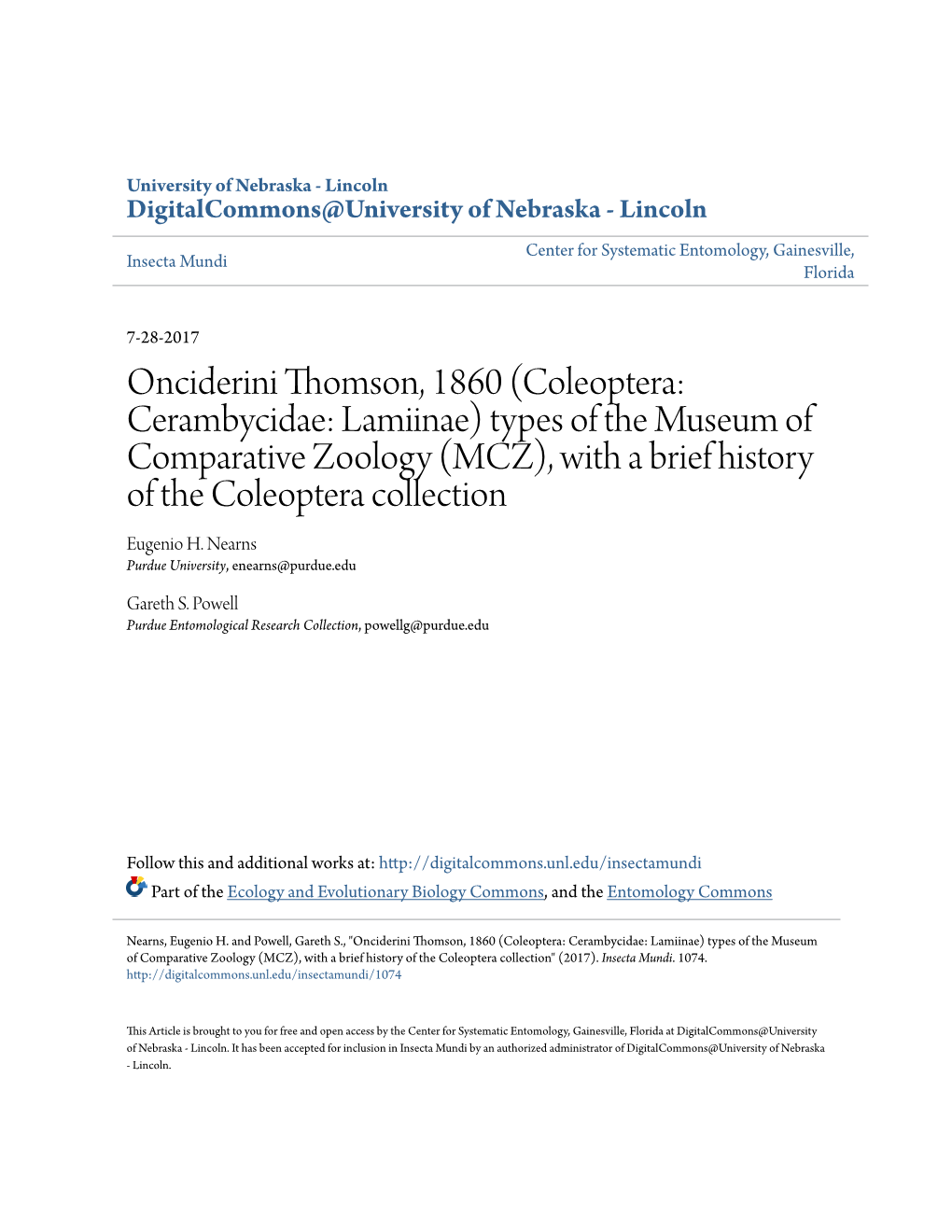 Coleoptera: Cerambycidae: Lamiinae) Types of the Museum of Comparative Zoology (MCZ), with a Brief History of the Coleoptera Collection Eugenio H