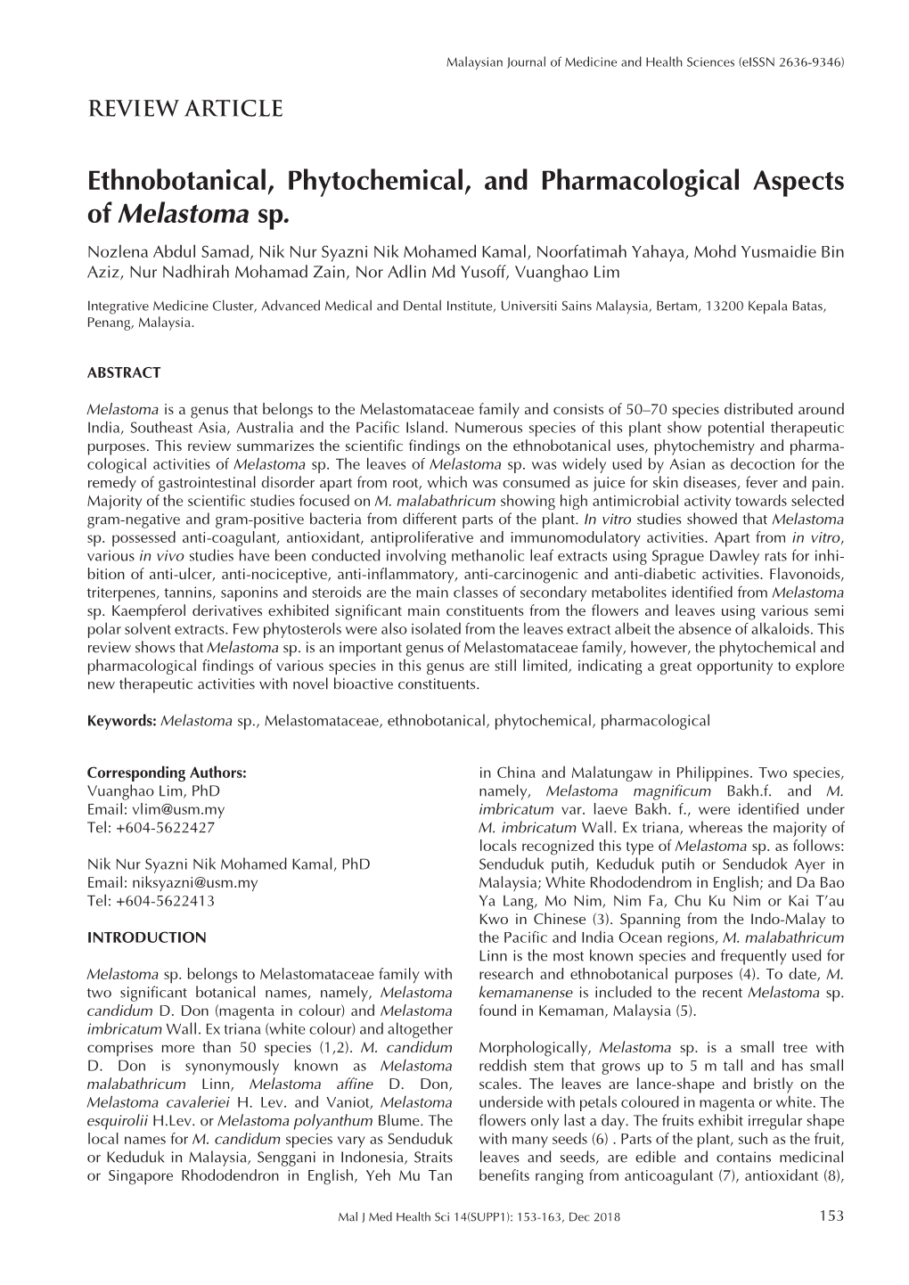 Ethnobotanical, Phytochemical, and Pharmacological Aspects of Melastoma Sp