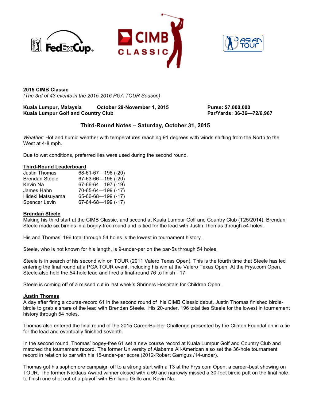 2015 CIMB Classic (The 3Rd of 43 Events in the 2015-2016 PGA TOUR Season)