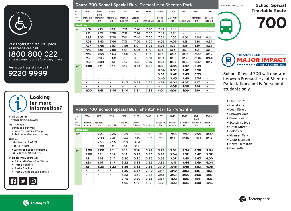 School Special 700 Timetable