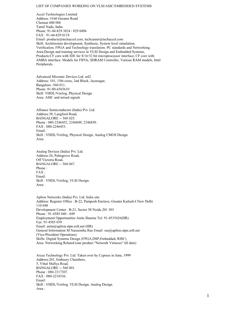 List Of Companies Working On Vlsi/Asic/Embedded Systems