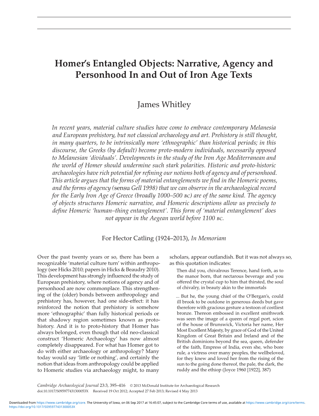 Homer's Entangled Objects: Narrative, Agency and Personhood