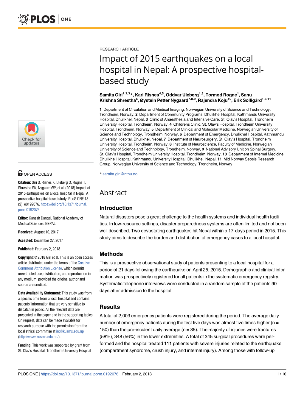 Impact of 2015 Earthquakes on a Local Hospital in Nepal: a Prospective Hospital- Based Study