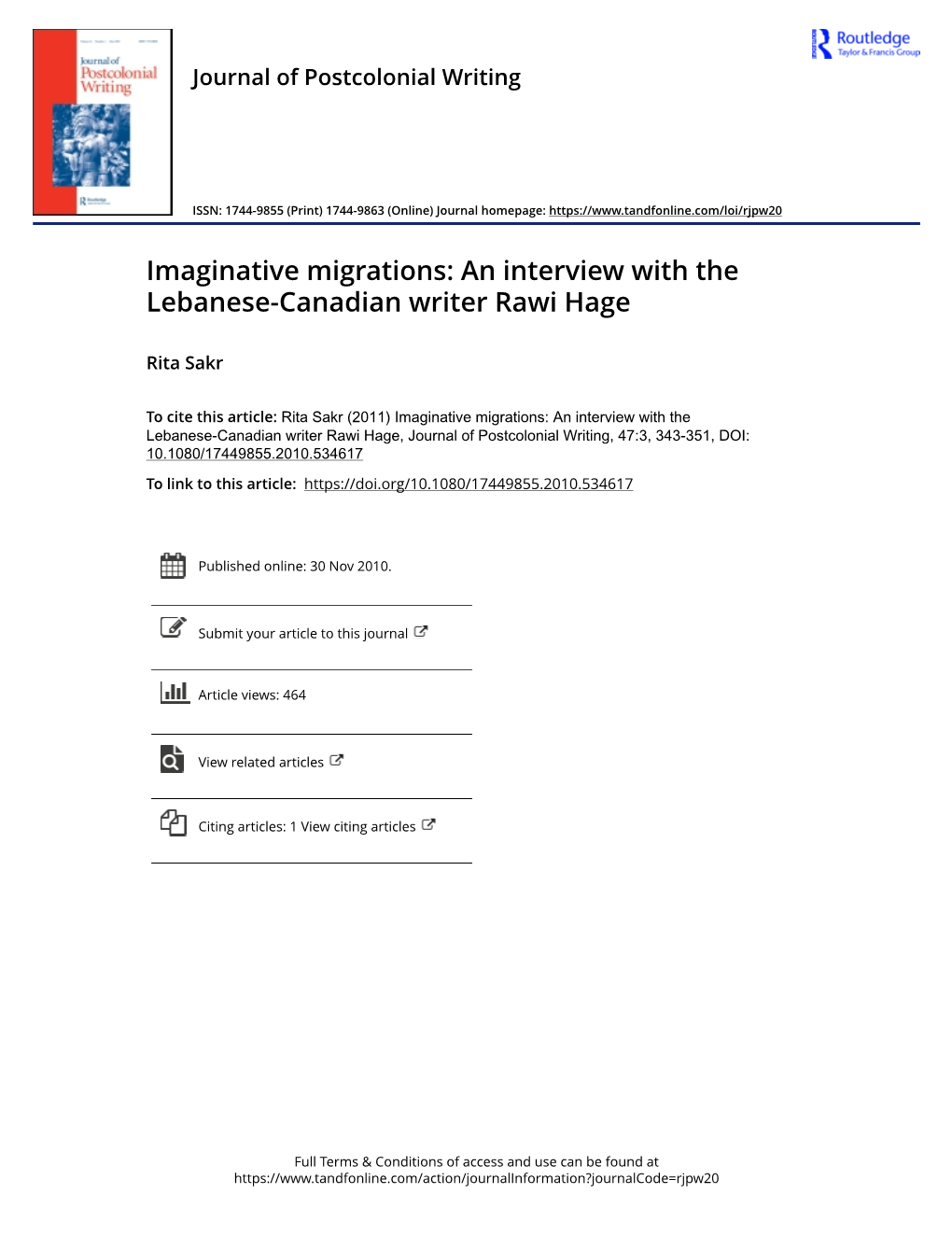 Imaginative Migrations: an Interview with the Lebanese-Canadian Writer Rawi Hage