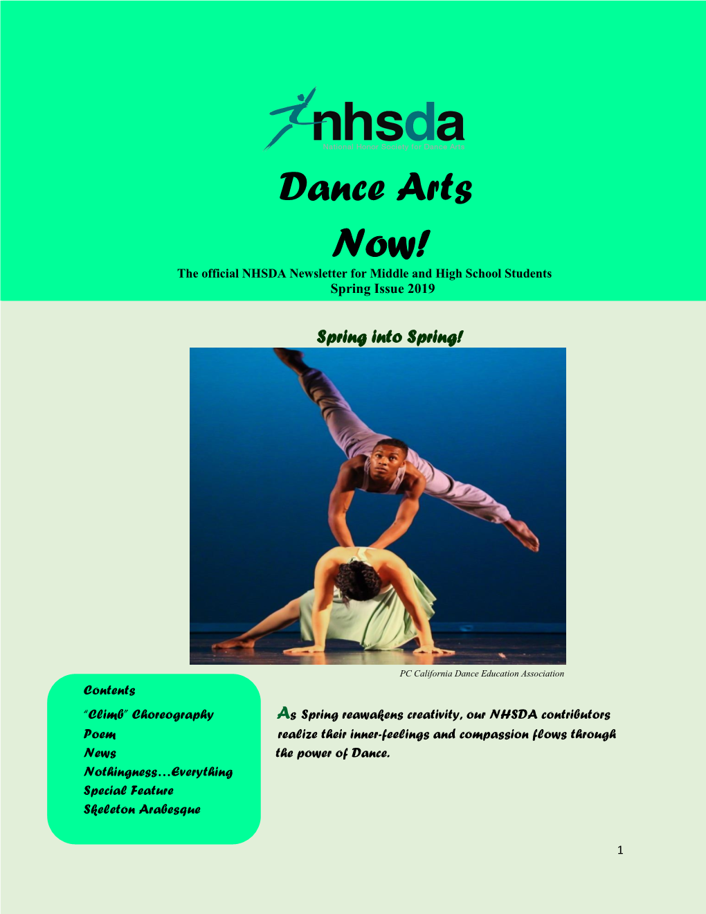 Dance Arts Now! the Official NHSDA Newsletter for Middle and High School Students Spring Issue 2019