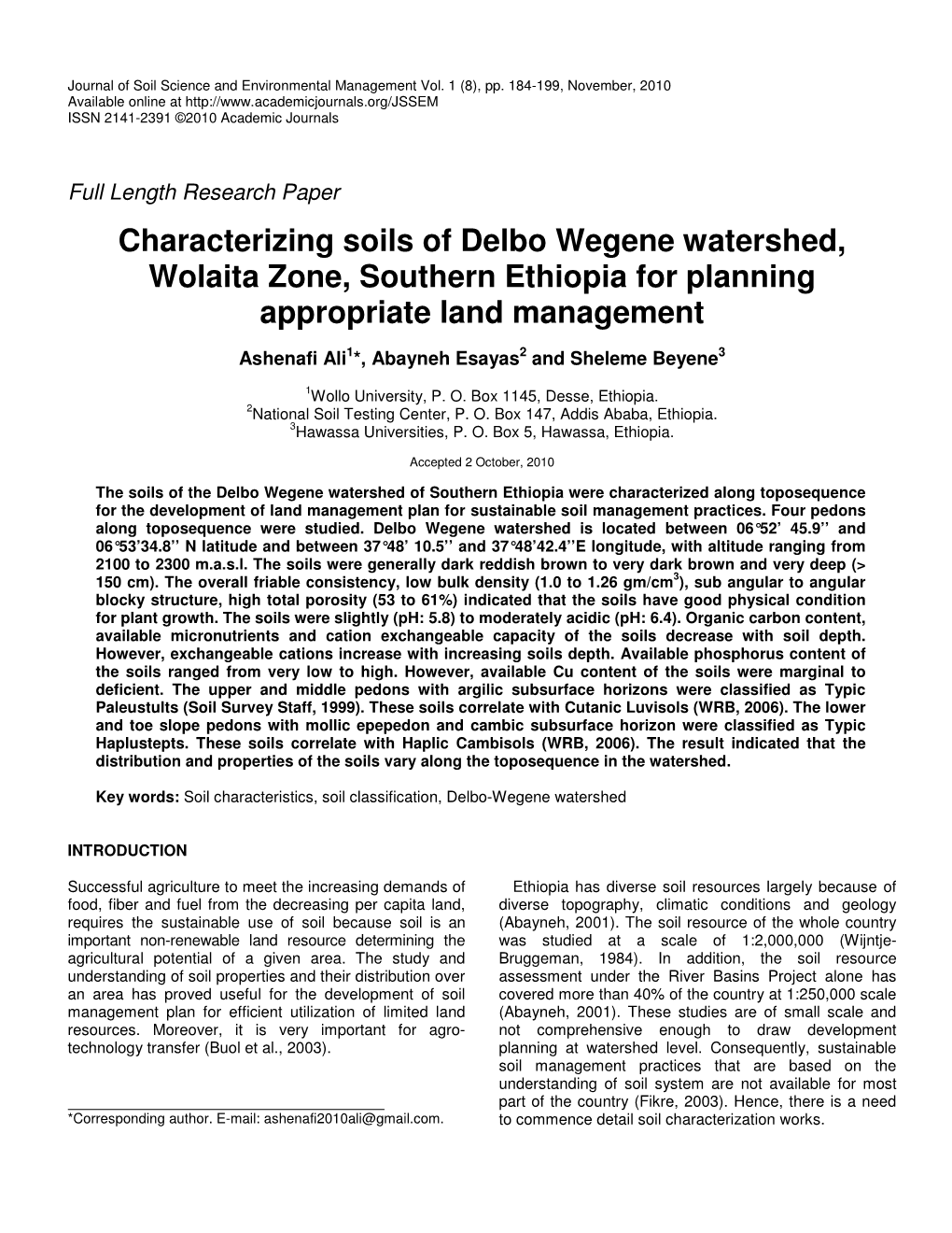 Characterizing Soils of Delbo Wegene Watershed, Wolaita Zone, Southern Ethiopia for Planning Appropriate Land Management