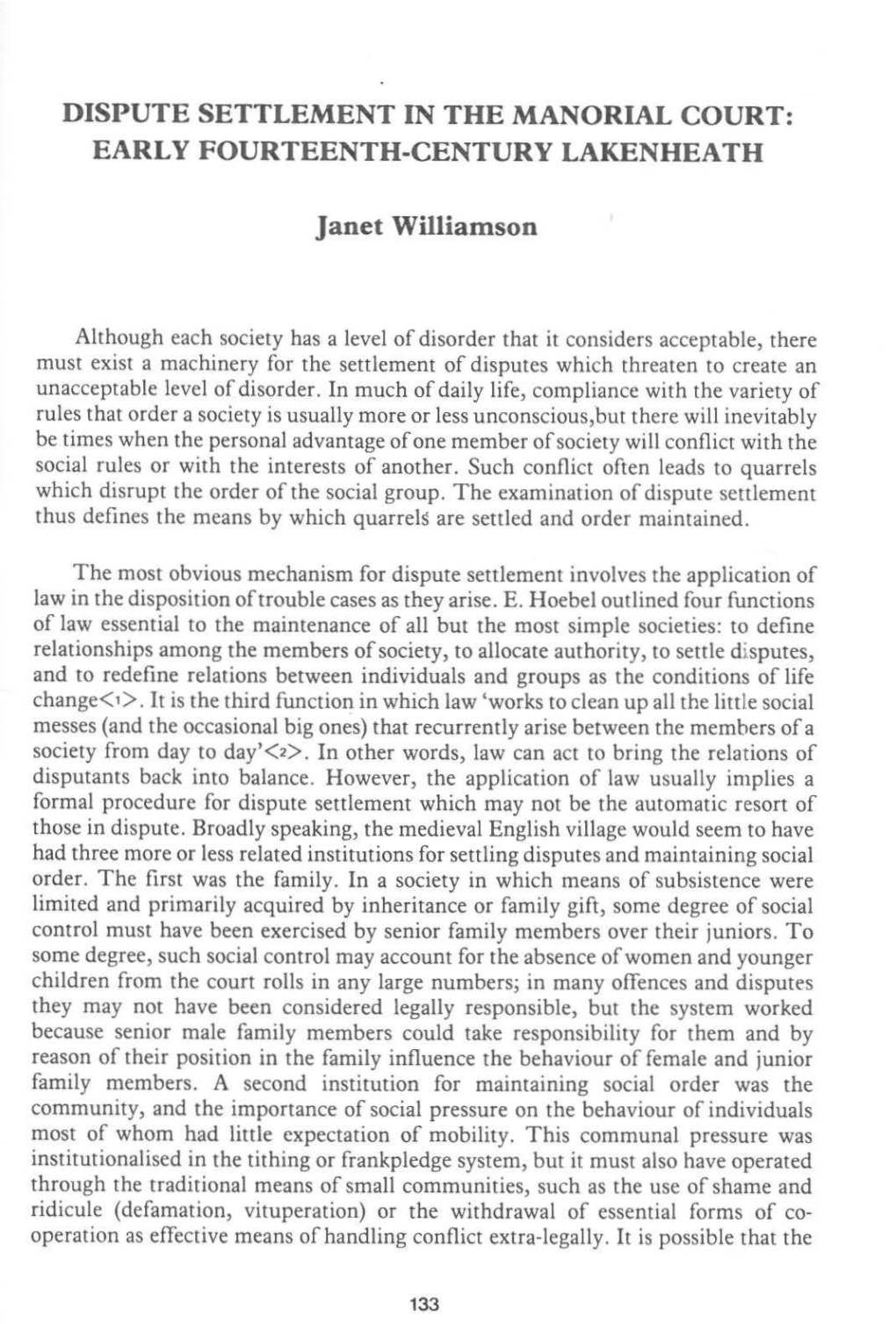 Dispute Settlement in the Manorial Court: Early Fourteenth-Century Lakenheath