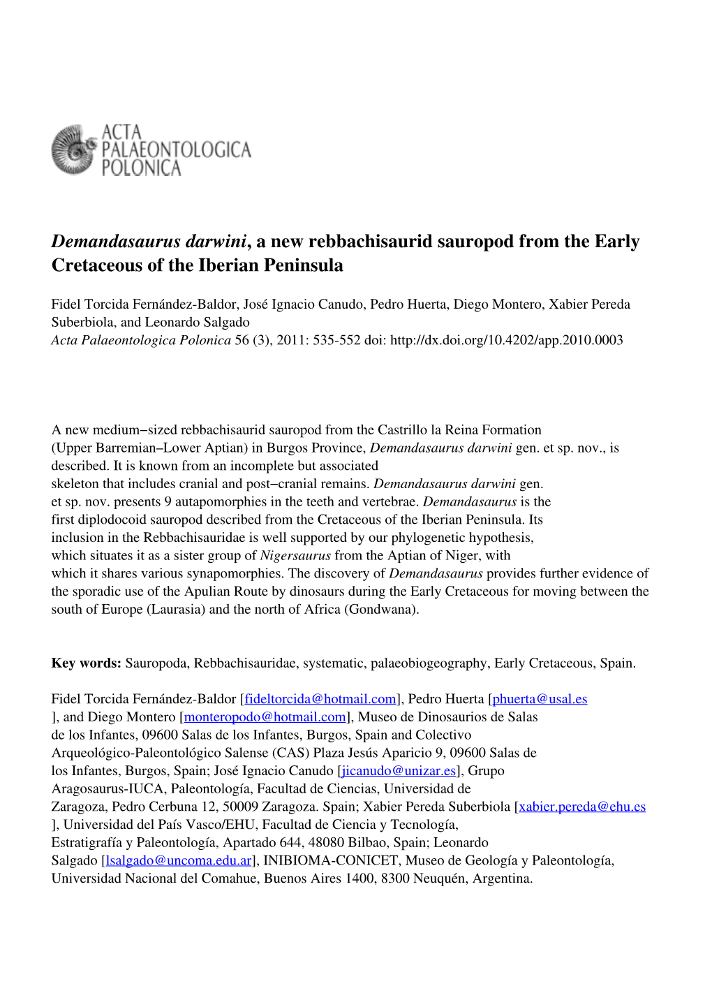 Demandasaurus Darwini, a New Rebbachisaurid Sauropod from the Early Cretaceous of the Iberian Peninsula