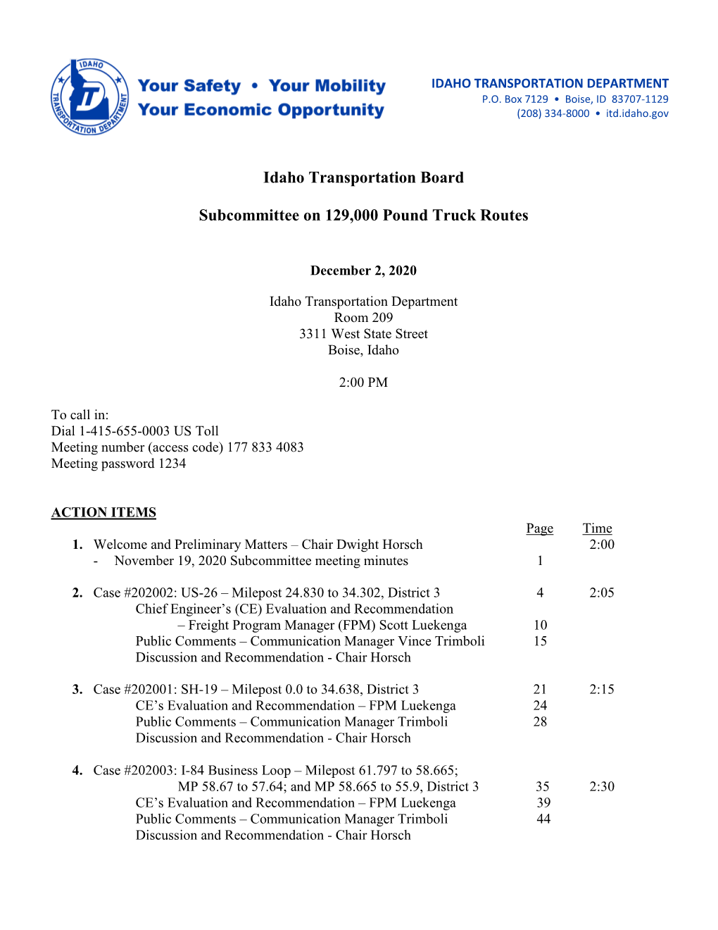 Idaho Transportation Board Subcommittee on 129,000 Pound