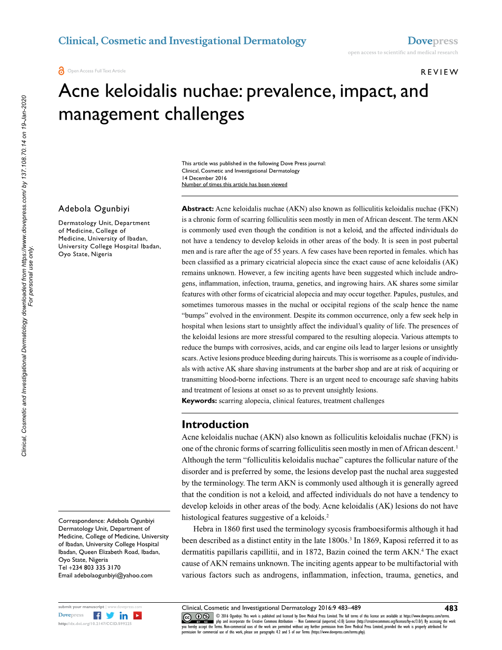 Acne Keloidalis Nuchae Open Access to Scientific and Medical Research DOI