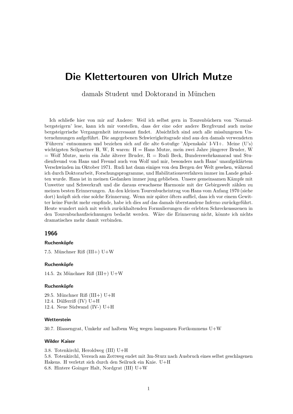 Die Klettertouren Von Ulrich Mutze