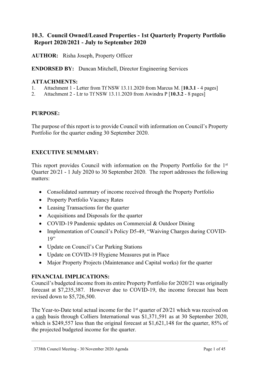 Council Owned/Leased Properties - 1St Quarterly Property Portfolio Report 2020/2021 - July to September 2020