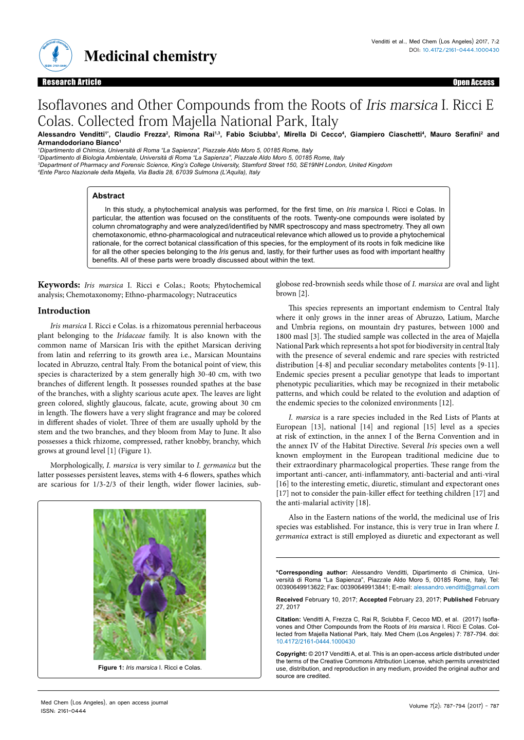 Isoflavones and Other Compounds from the Roots of Iris Marsica I