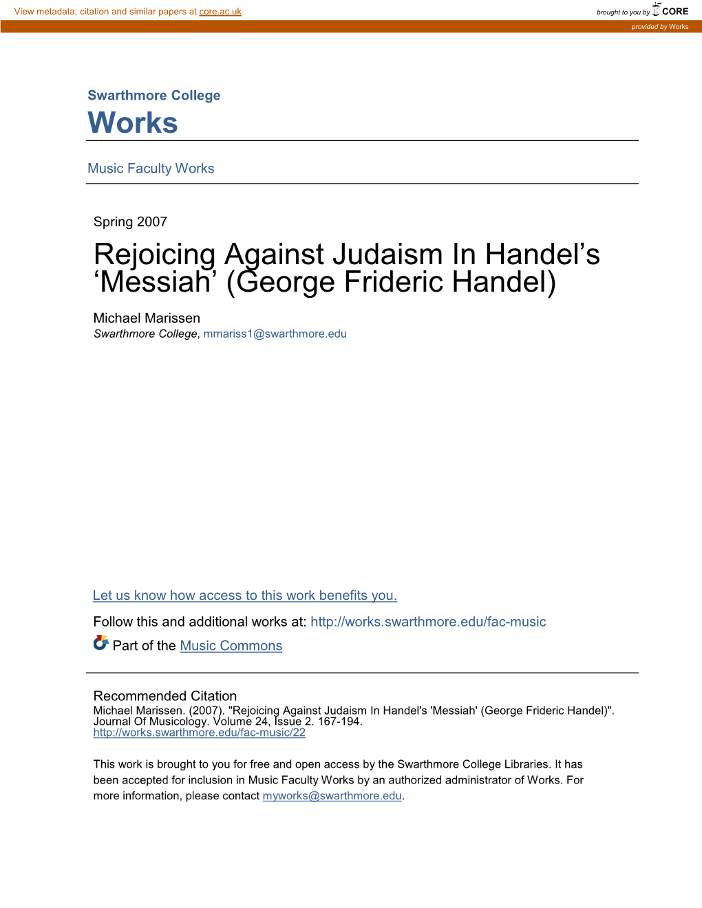 George Frideric Handel) Michael Marissen Swarthmore College, Mmariss1@Swarthmore.Edu