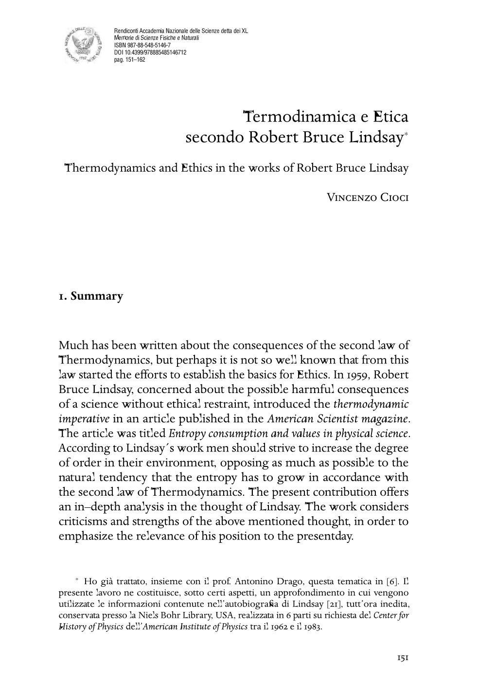 Termodinamica E Etica Secondo Robert Bruce Lindsay∗