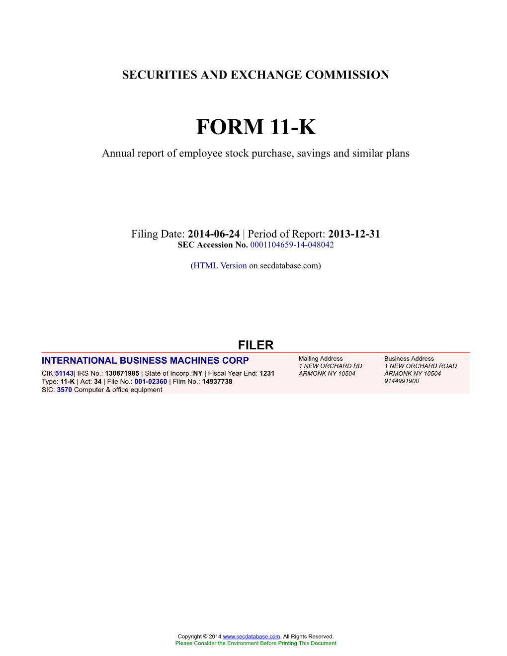 INTERNATIONAL BUSINESS MACHINES CORP Form 11-K