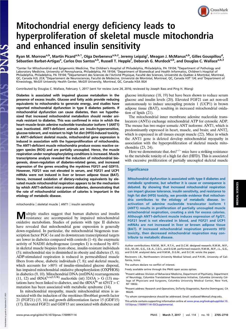 Mitochondrial Energy Deficiency Leads to Hyperproliferation of Skeletal Muscle Mitochondria and Enhanced Insulin Sensitivity