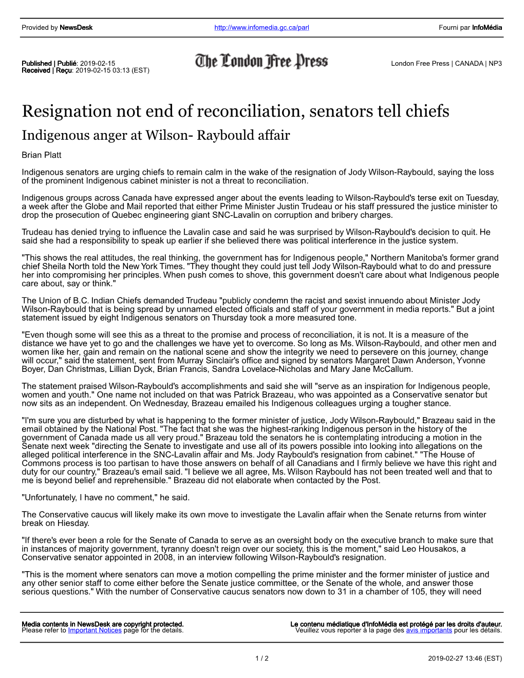 Resignation Not End of Reconciliation, Senators Tell Chiefs