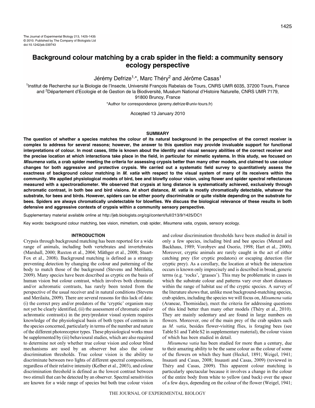 Background Colour Matching by a Crab Spider in the Field: a Community Sensory Ecology Perspective
