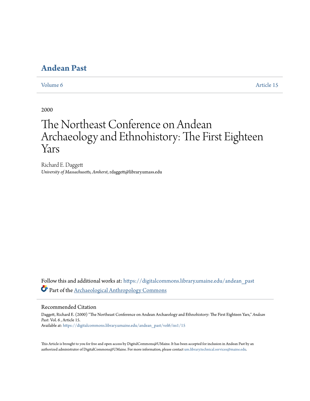 The Northeast Conference on Andean Archaeology and Ethnohistory: the First Eighteen Years