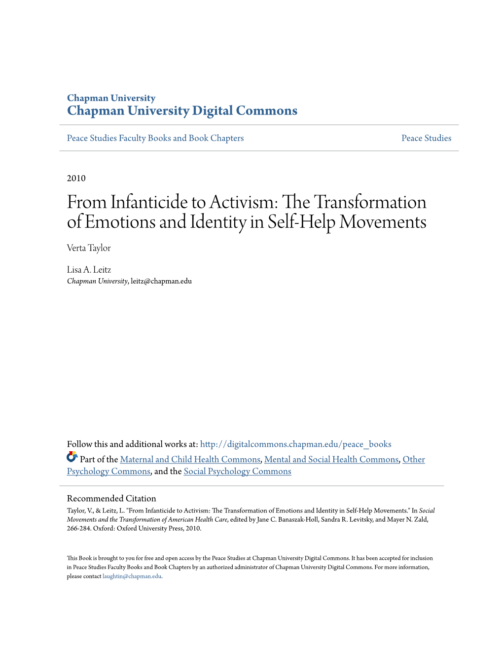 From Infanticide to Activism: the Transformation of Emotions and Identity in Self-Help Movements