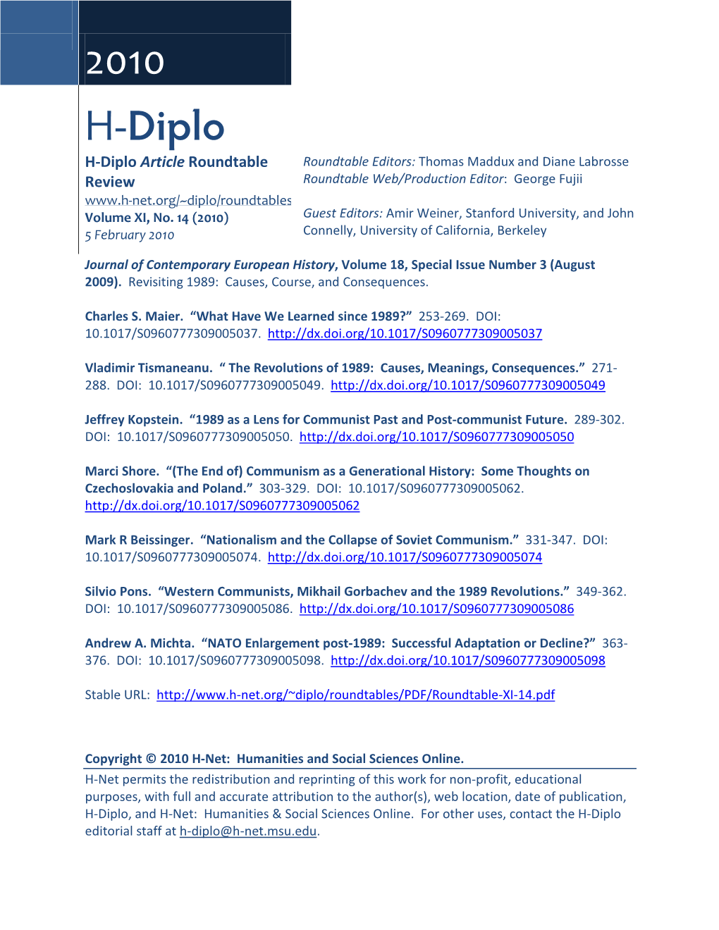 H-Diplo Roundtable, Vol. XI, No. 14