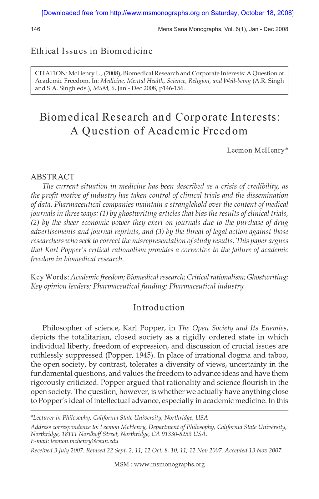 Biomedical Research and Corporate Interests: a Question of Academic Freedom
