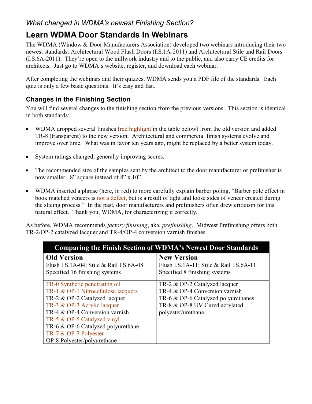 What Changed in WDMA S Newest Finishing Section