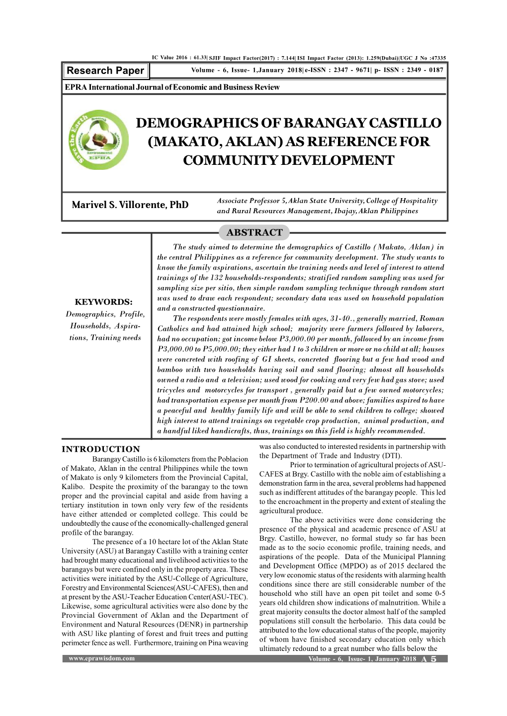 Demographics of Barangay Castillo (Makato, Aklan) As Reference for Community Development