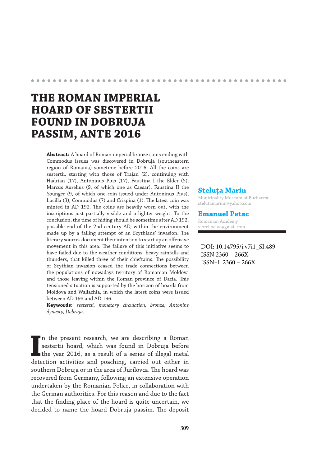 The Roman Imperial Hoard of Sestertii Found in Dobruja Passim, Ante 2016