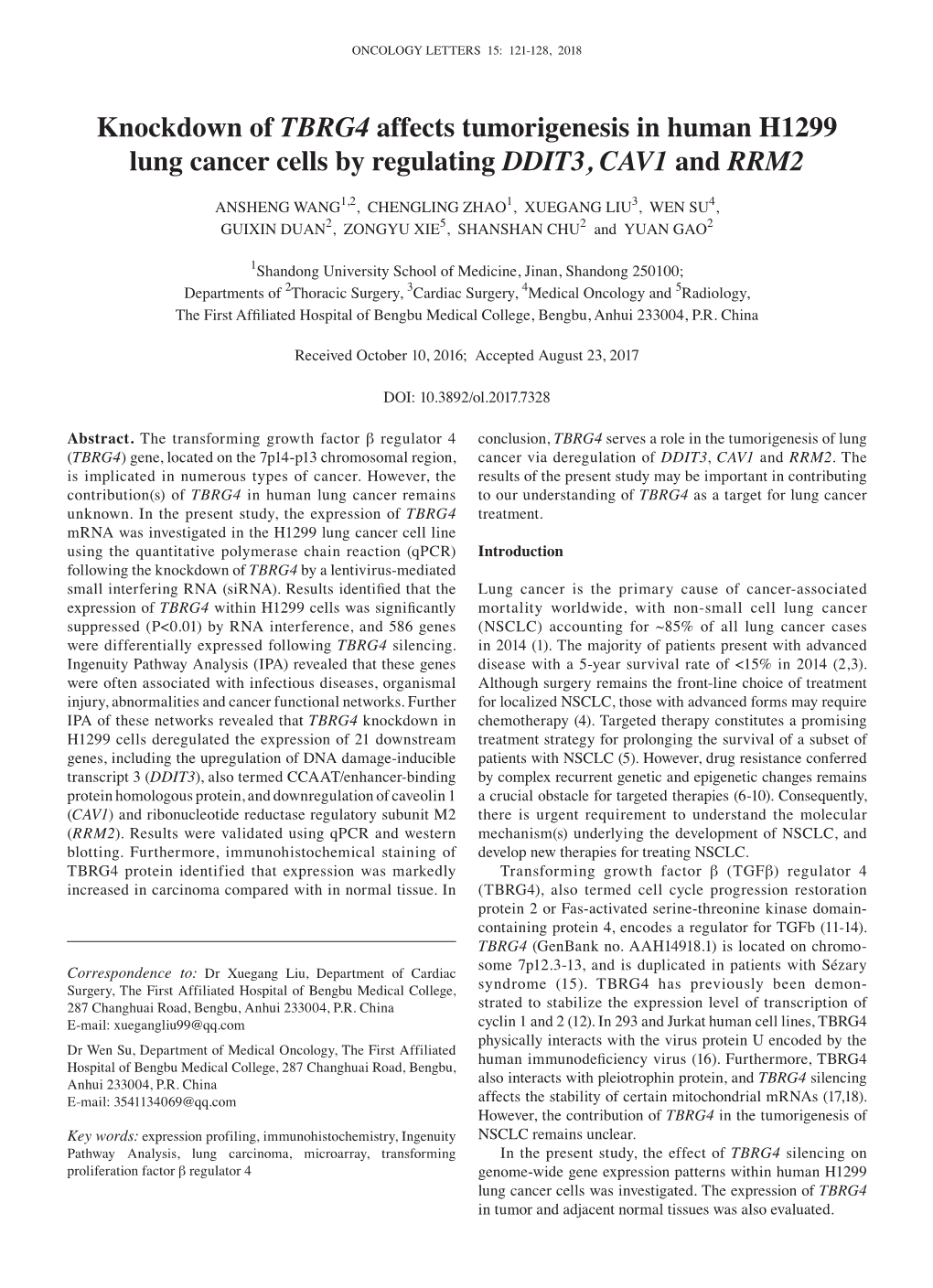 Knockdown of TBRG4 Affects Tumorigenesis in Human H1299 Lung Cancer Cells by Regulating DDIT3, CAV1 and RRM2