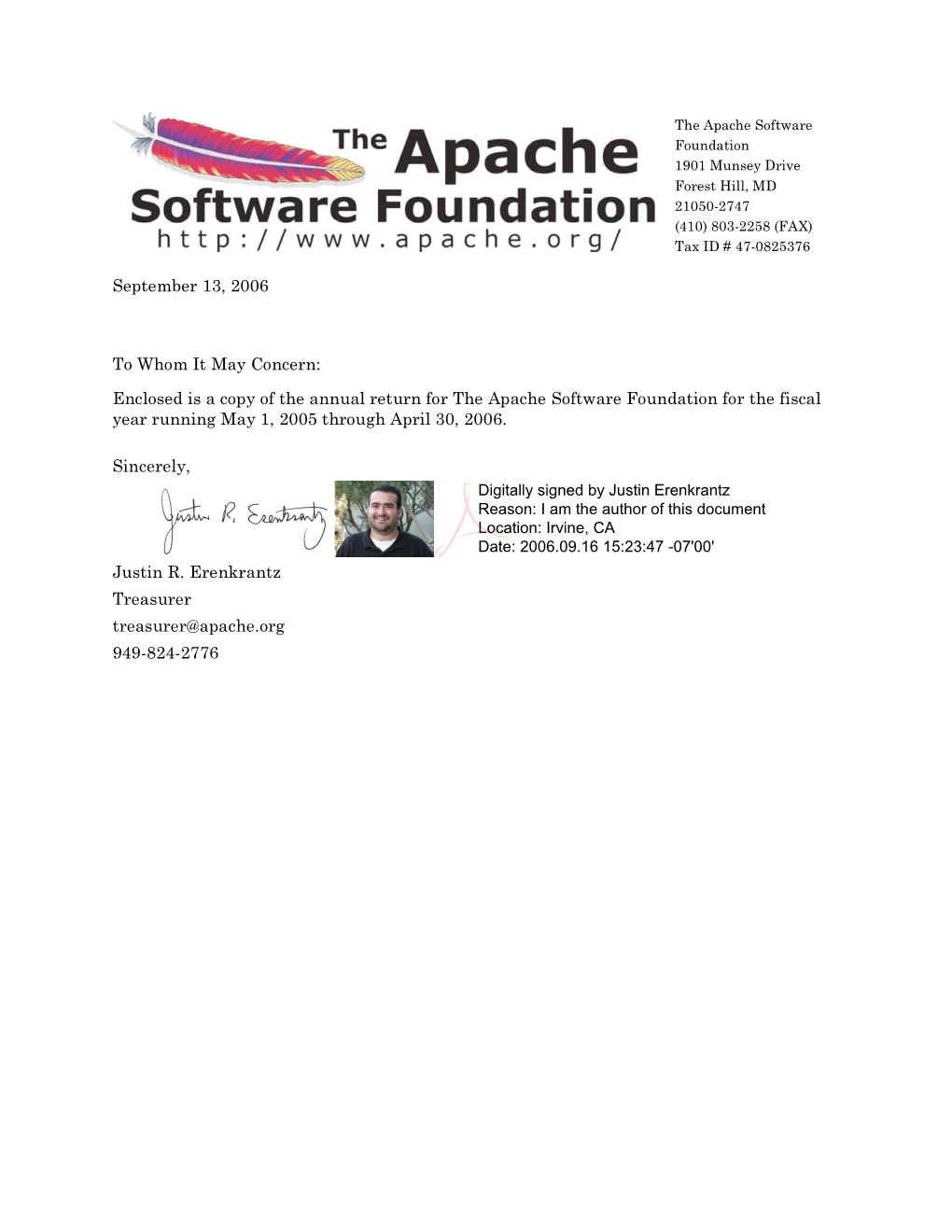 2005-2006 Fiscal Year Return for the Apache Software Foundation