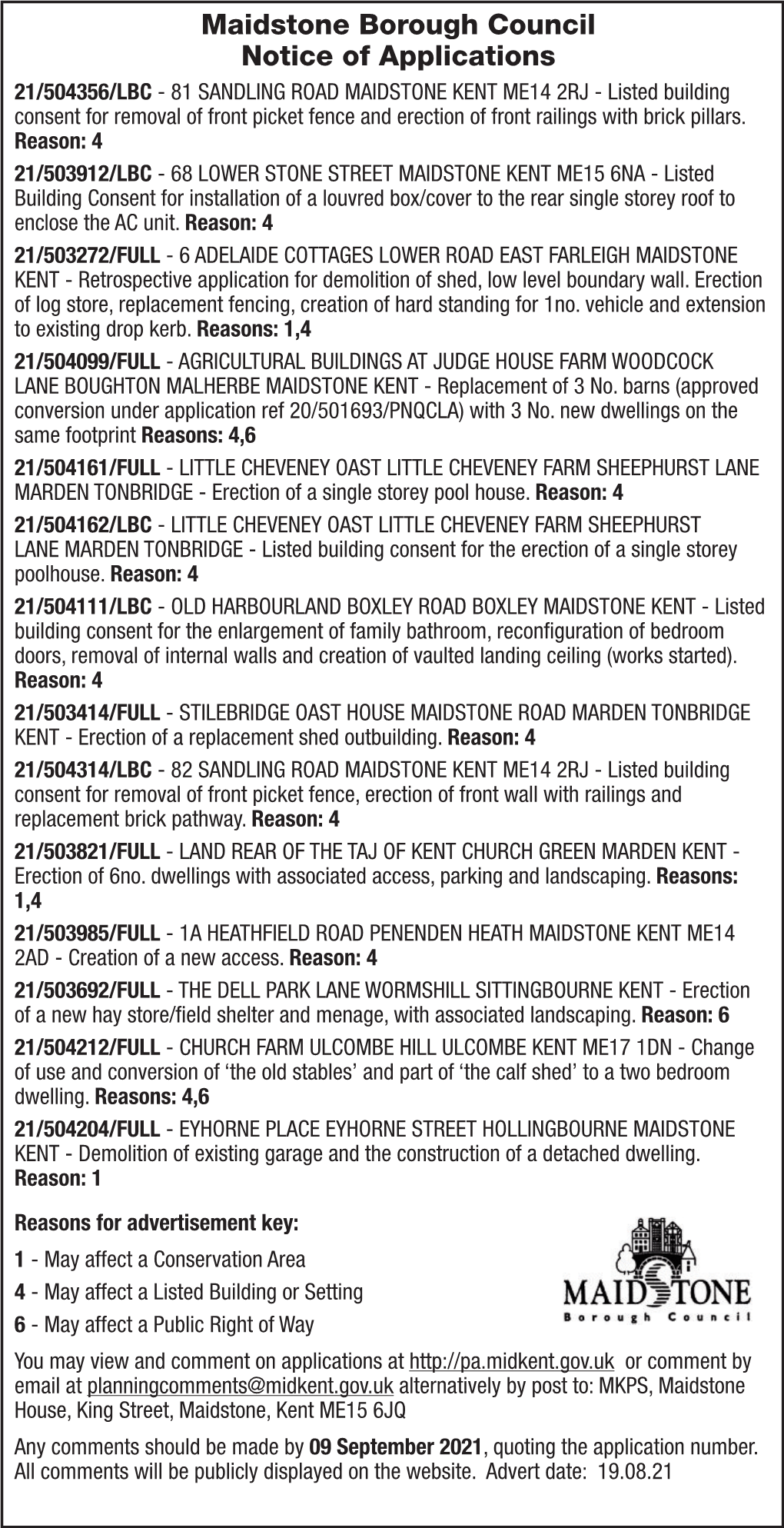 Maidstone Borough Council Notice of Applications