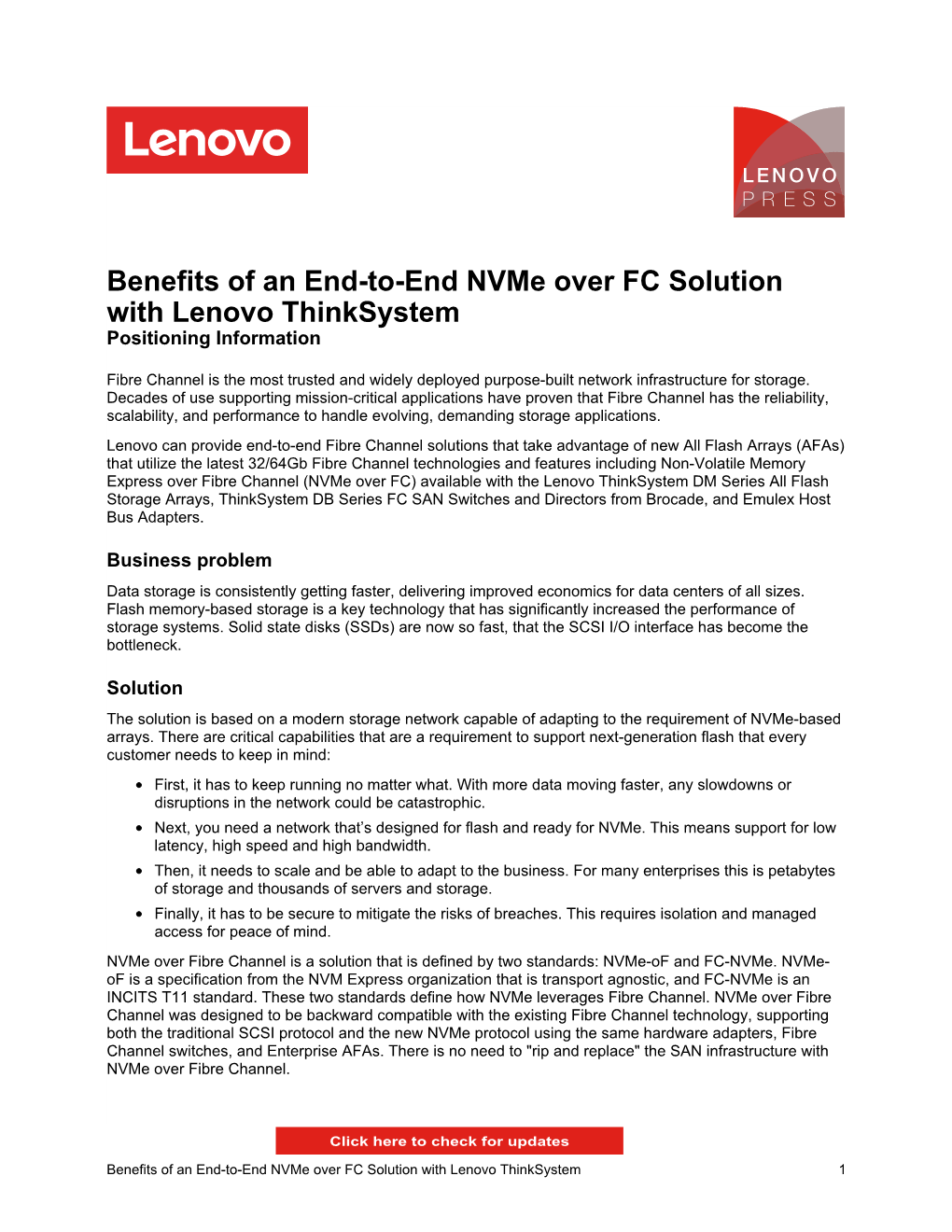 Benefits of an End-To-End Nvme Over FC Solution with Lenovo Thinksystem Positioning Information