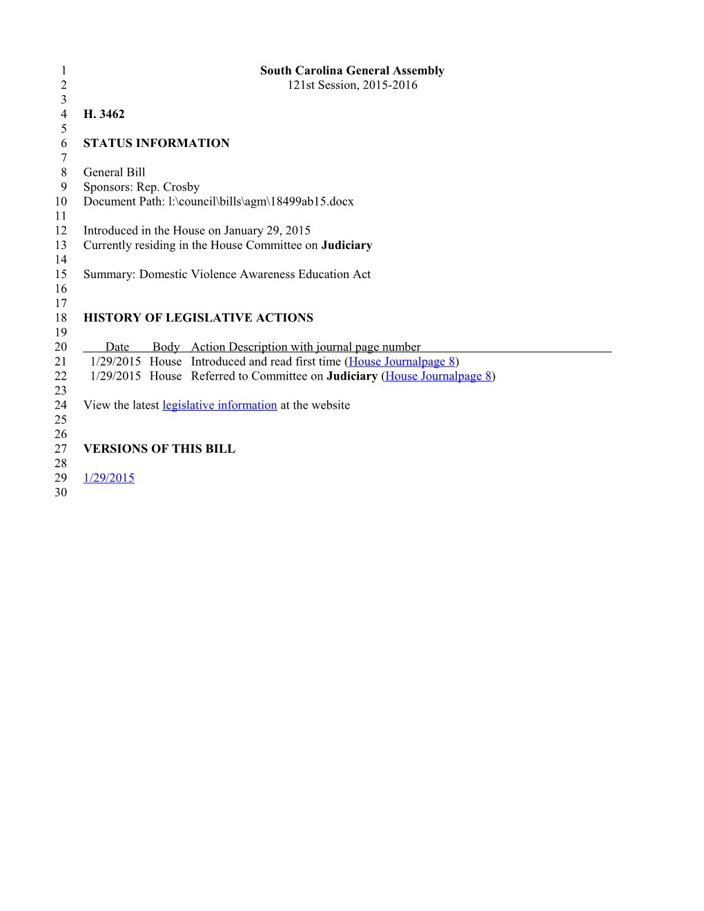 2015-2016 Bill 3462: Domestic Violence Awareness Education Act - South Carolina Legislature