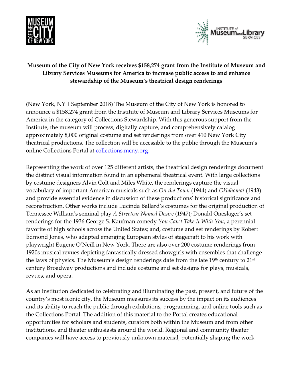 Museum of the City of New York Receives $158,274 Grant from The