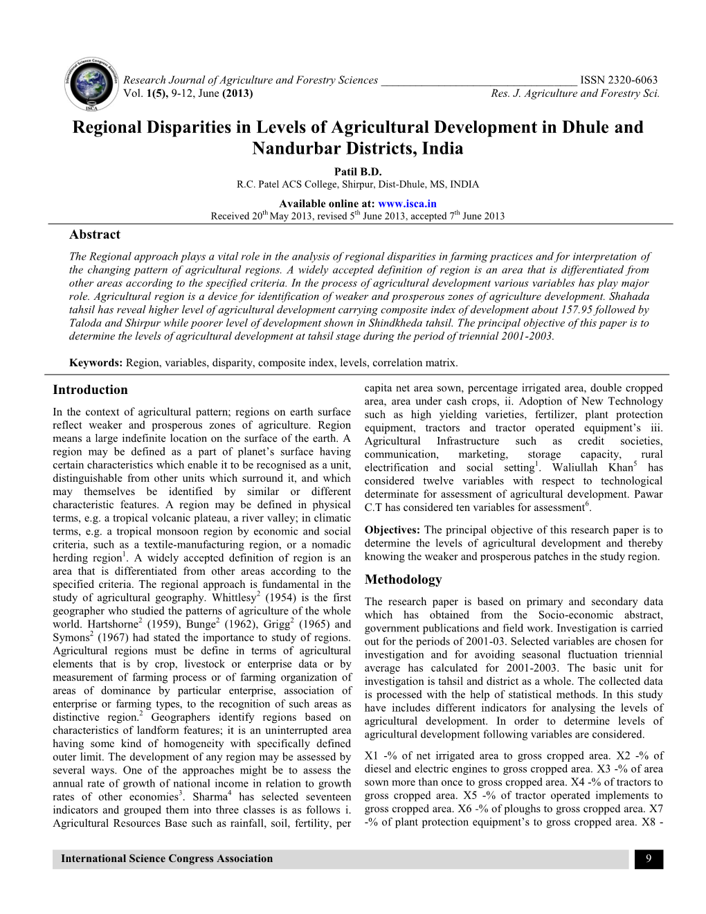 Regional Disparities in Levels of Agricultural Development in Dhule and Nandurbar Districts, India